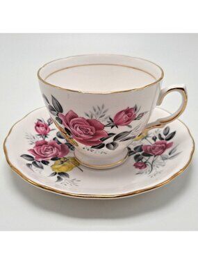 Royal Vale Bone China Teacup Saucer Set Floral Pattern Gold Trim England